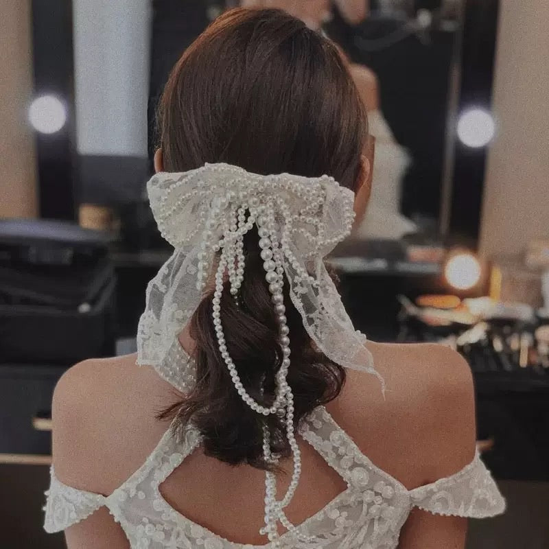 Bridal Lace & Pearl Bow Luxury Headpiece