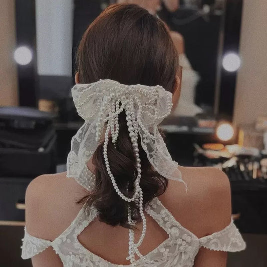 Bridal Lace & Pearl Bow Luxury Headpiece