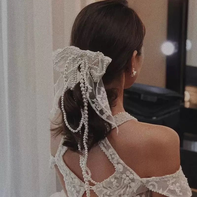 Bridal Lace & Pearl Bow Luxury Headpiece