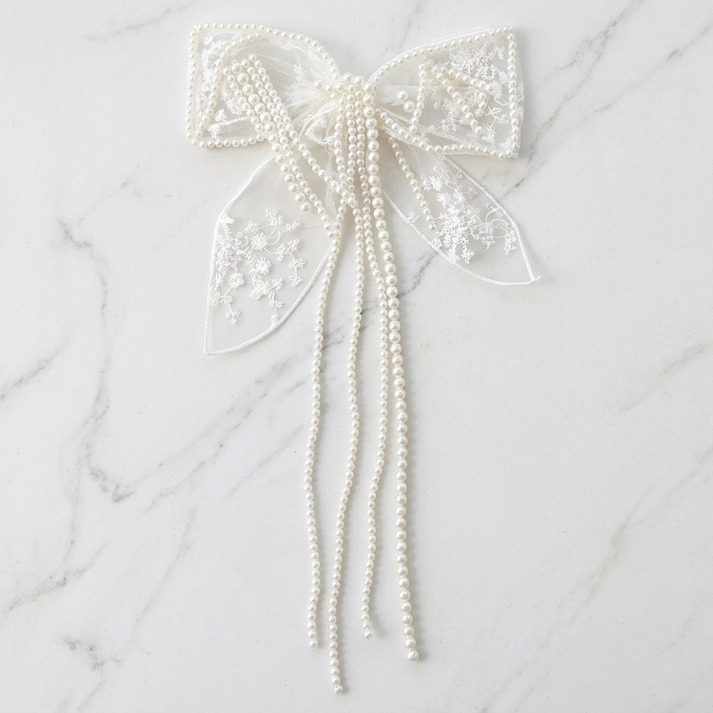 Bridal Lace & Pearl Bow Luxury Headpiece