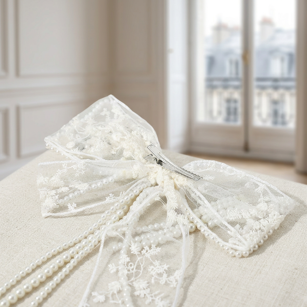 Bridal Lace & Pearl Bow Luxury Headpiece